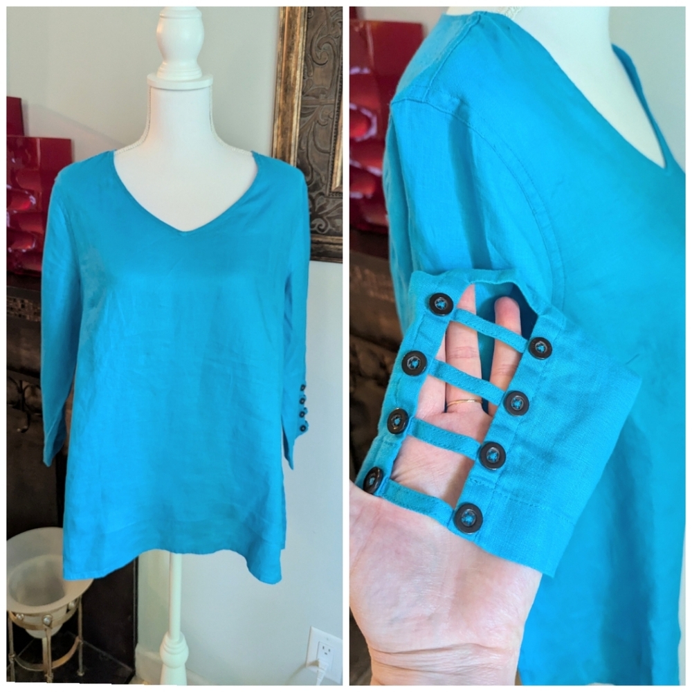Ali Miles Tunic Wmns Medium Blue Linen 3/4 CutOut Sleeve Layer Hem Lagenlook 121